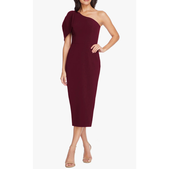 Dress the Population Tiffany One-Shoulder Midi Cocktail Dress Burgundy Red Sz M - Picture 1 of 10
